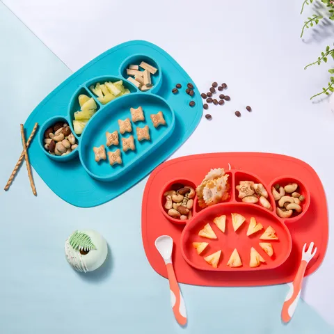 Cute Monkey Silicone Baby Divided Dinner Plate Anti-Drop Suction Bowl Kids Tableware
