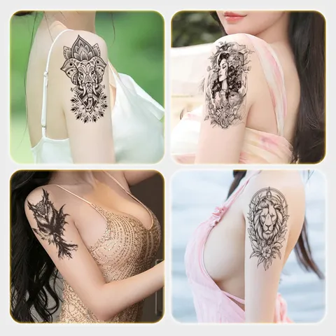 Adesivo per Tatuaggio con Trasferimento ad Acqua Schizzo in Bianco e Nero Animale Lupo Floreale Flash Temporaneo per Braccio del Corpo