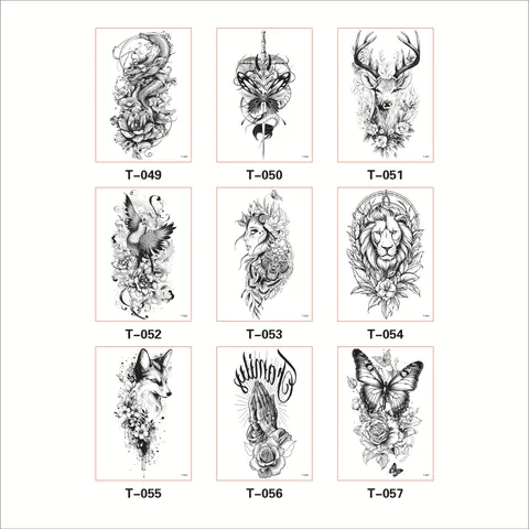 Adesivo per Tatuaggio con Trasferimento ad Acqua Schizzo in Bianco e Nero Animale Lupo Floreale Flash Temporaneo per Braccio del Corpo