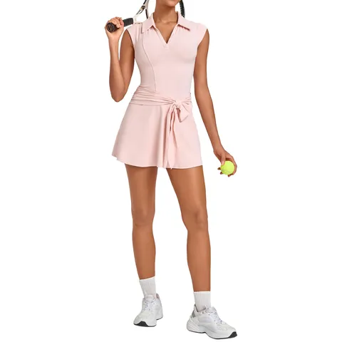 Women Sleeveless Tennis Dress With Separate Shorts Polo Collar Waist Tie Athletic Golf Yoga Dress Sports Skirt For Workout