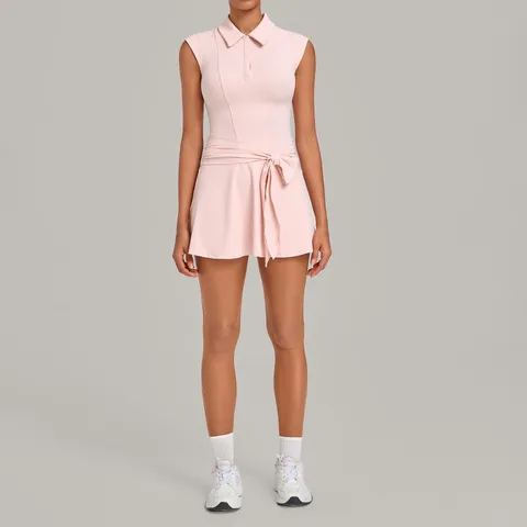 Women Sleeveless Tennis Dress With Separate Shorts Polo Collar Waist Tie Athletic Golf Yoga Dress Sports Skirt For Workout