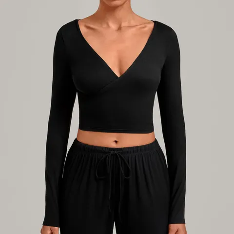 Women Minimalist V-Neck Cross Lace-Up Long Sleeve Yoga Clothing Cardigan Top And Bottom Set Sweatshirt Workout Apparel Sportswear