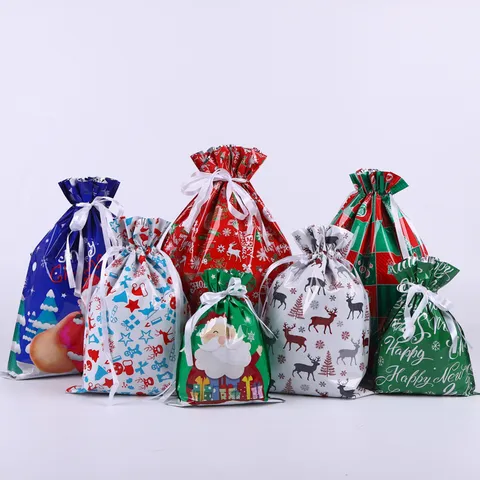 Weihnachten Geschenktüte Festliche Kunststoff Aluminiumfolie Kordelzug Sack Süßigkeiten Aufbewahrungstasche Mit Weihnachtsmann Rentier Schneeflocke Muster Feiertag Party Bedarf