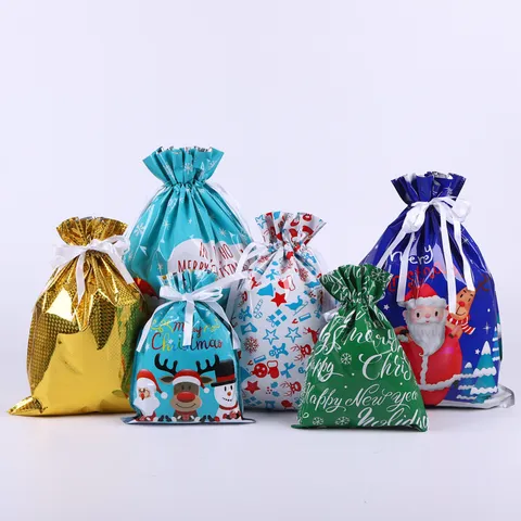 Weihnachten Geschenktüte Festliche Kunststoff Aluminiumfolie Kordelzug Sack Süßigkeiten Aufbewahrungstasche Mit Weihnachtsmann Rentier Schneeflocke Muster Feiertag Party Bedarf