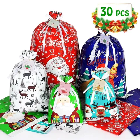 Weihnachten Kordelzug Geschenktüten Weihnachtsmann Rentier Schneemann Muster Kunststoff Metallisch Glanz Süßigkeiten Verpackung Party Deko Taschen