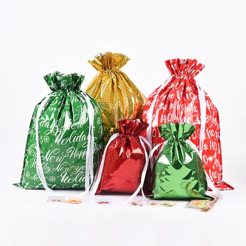 Weihnachten Kordelzug Geschenktüten Folie Laser Metallic Süßigkeitentaschen Weihnachtsmann Schneeflocke Druck Verpackungsbeutel