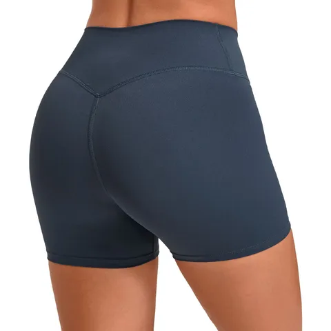 Women High Waist Cross Over Yoga Shorts Solid Color Slim Fit Athletic Tight Shorts Running Cycling Fitness Bottoms