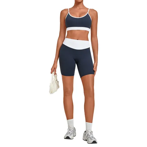 Damen Farbblock Yoga Workout Set Doppelträger Ärmellos Bra Top And Bottom Shorts Sportbekleidungsset Laufen Fitness Enge Outfits