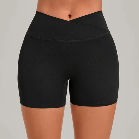 Women High Waist Cross Over Yoga Shorts Solid Color Slim Fit Athletic Tight Shorts Running Cycling Fitness Bottoms