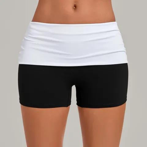 Damen Sportshorts Farbblock Umklappbarer Bund Gerafftes Gesäß Po-Lifting Schnelltrocknend Training Laufen Yoga Shorts