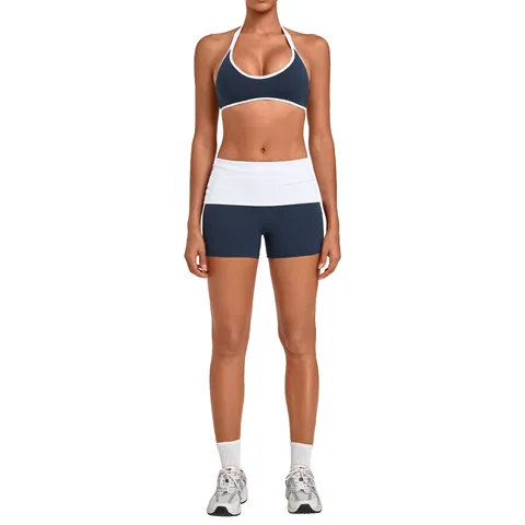 Damen Halterneck Sport BH Und Farbblock Umklappbarer Bund Shorts Top Und Bottom Zweiteilig Yoga Sportbekleidung Set