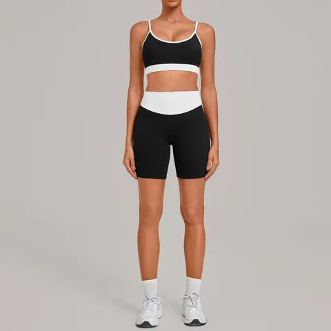 Damen Farbblock Yoga Workout Set Doppelträger Ärmellos Bra Top And Bottom Shorts Sportbekleidungsset Laufen Fitness Enge Outfits