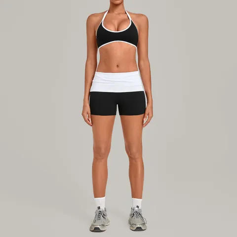 Damen Halterneck Sport BH Und Farbblock Umklappbarer Bund Shorts Top Und Bottom Zweiteilig Yoga Sportbekleidung Set