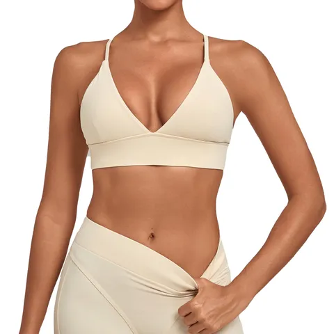 Women Sports Casual Nylon Spandex Brushed Solid Color Deep V-Neck Crisscross Back Comfortable Breathable Sports Bra Top