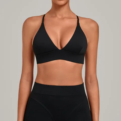 Women Sports Casual Nylon Spandex Brushed Solid Color Deep V-Neck Crisscross Back Comfortable Breathable Sports Bra Top