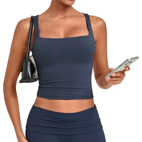 Women Sports Tank Top Square Neck Sleeveless Cropped Workout Vest Double-Layer Stitching Quick-Dry Yoga Athletic Top Fitness Clothes For Running Gym