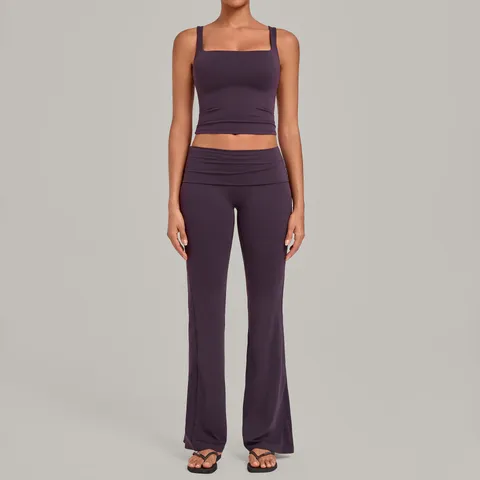 Women Yoga Workout Top And Bottom Slim Fit Sleeveless Ruched Butt Lifting Flared Pants Athletic Gym Fitness Clothes Set