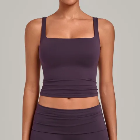 Women Sports Tank Top Square Neck Sleeveless Cropped Workout Vest Double-Layer Stitching Quick-Dry Yoga Athletic Top Fitness Clothes For Running Gym