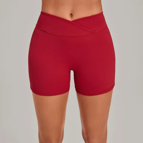 Women High Waist Cross Waist Yoga Shorts Naked Feel Tight Sports Shorts For Running Cycling Fitness Nylon Spandex Gym Bottoms