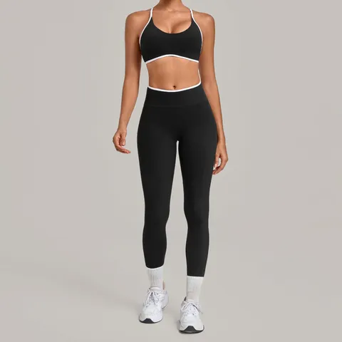 Completo da Yoga Donna con Bordo a Contrasto Reggiseno Sportivo con Doppie Spalline Regolabili e Leggings a Vita Alta Top And Bottom