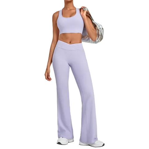 Women Yoga Top And Bottom Solid Color Sleeveless Workout Vest Flared Pants High Elasticity Quick Drying Sports Wear