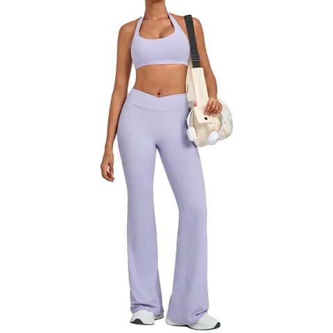 Neckholder Rückenfrei Yoga Top Und Hohe Taille Schlaghose Nylon Elasthan Schnelltrocknend Atmungsaktiv Slim Fit Sportbekleidung Für Damen
