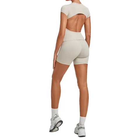 Women Backless Yoga Set Tight Short Sleeve Top And Bottom High Waist Ruched Workout Fitness Activewear Sports Set