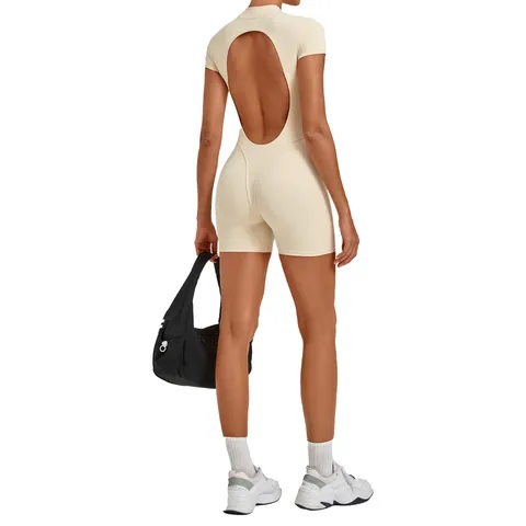 Women Backless Yoga Bodysuit Half Zipper Fitness Jumpsuit Slim Fit Athletic Romper Solid Color Sportswear Set