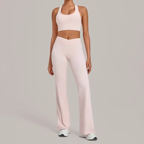 Women Yoga Top And Bottom Solid Color Sleeveless Workout Vest Flared Pants High Elasticity Quick Drying Sports Wear