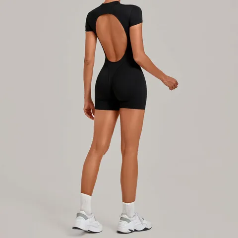 Women Backless Yoga Bodysuit Half Zipper Fitness Jumpsuit Slim Fit Athletic Romper Solid Color Sportswear Set