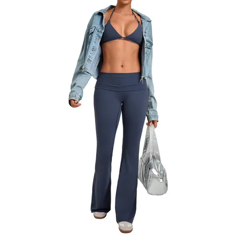 Women Athletic Top And Bottom High Elastic Moisture Wicking Solid Color Halter Camisole Bra Fold Over Flared Yoga Pants Activewear Gym Fitness Set