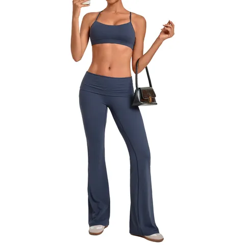 Vrouwen Yoga Set Halternek Sportbeha en Uitlopende Broek Omslag Taille 2-Delig Set Hoge Elasticiteit Strakke Fit Sportkleding