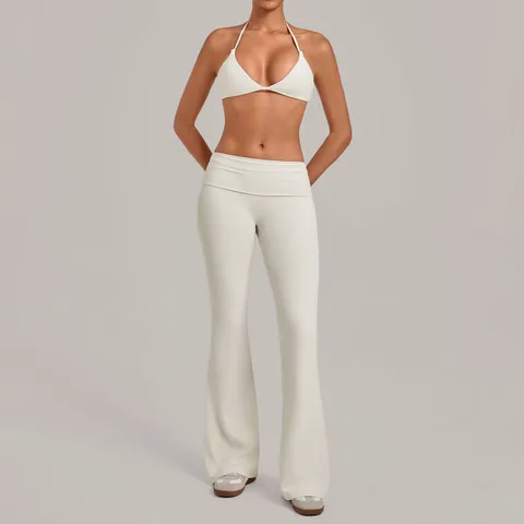 Women Athletic Top And Bottom High Elastic Moisture Wicking Solid Color Halter Camisole Bra Fold Over Flared Yoga Pants Activewear Gym Fitness Set