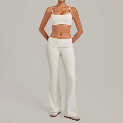 Vrouwen Yoga Set Halternek Sportbeha en Uitlopende Broek Omslag Taille 2-Delig Set Hoge Elasticiteit Strakke Fit Sportkleding