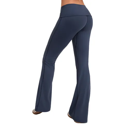 Women High Waist Flared Yoga Pants Fold-Over Waistband Quick Drying Bootcut Sports Leggings Athleisure Solid Color Slim Fit Knitted Fitness Trousers