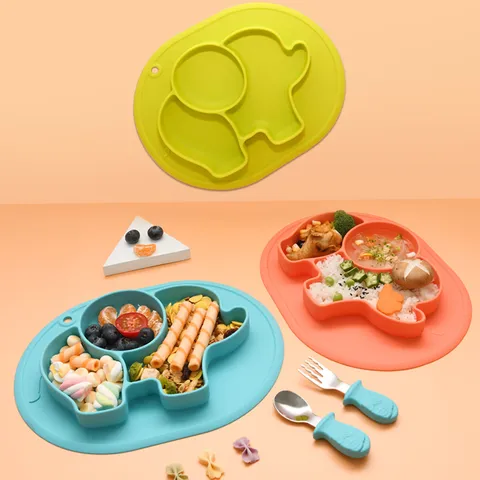 Baby Silicone Divided Suction Plate Cute Elephant Shape Toddler Feeding Dish With Sections Infant Feeding Tableware