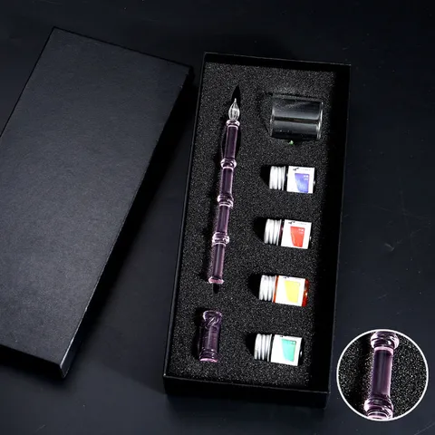 Handmade Glass Dip Pen Set Crystal Fountain Pen With Colored Ink Bamboo Gift Box Art Writing Drawing
