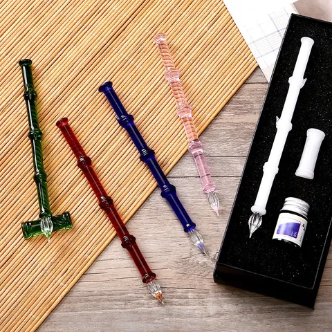 Handmade Glass Dip Pen Set Crystal Fountain Pen With Colored Ink Bamboo Gift Box Art Writing Drawing