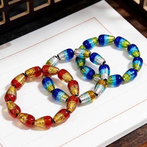 Luminous Gradient Silver Foil Water Drop Glass Bead Bracelet Handmade Vintage Glow In The Dark Charm Jewelry For Women Men