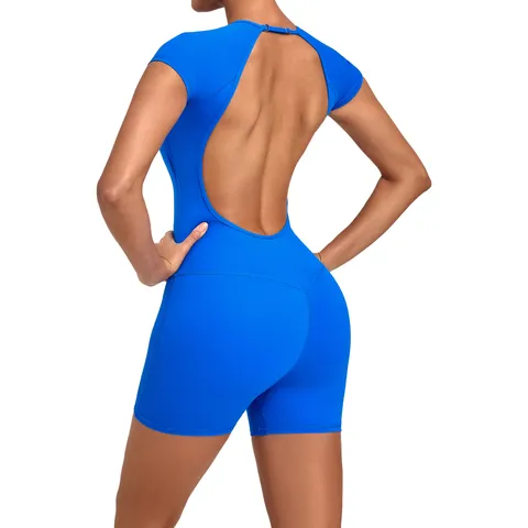 Combinaison de Yoga Dos Nu pour Femmes Short Ajusté Remonte Fesses Body de Fitness Col Rond Manches Courtes Romper pour Entraînement