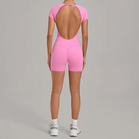 Combinaison de Yoga Dos Nu pour Femmes Short Ajusté Remonte Fesses Body de Fitness Col Rond Manches Courtes Romper pour Entraînement