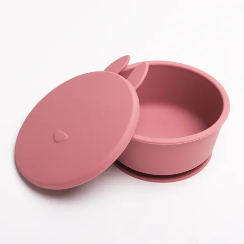 Baby Silicone Suction Bowl With Cute Rabbit Ear Lid Toddler Feeding Bowl Anti-Drop Infant Tableware Kitchen Dining