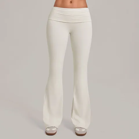 Women High Waist Flared Yoga Pants Fold-Over Waistband Quick Drying Bootcut Sports Leggings Athleisure Solid Color Slim Fit Knitted Fitness Trousers
