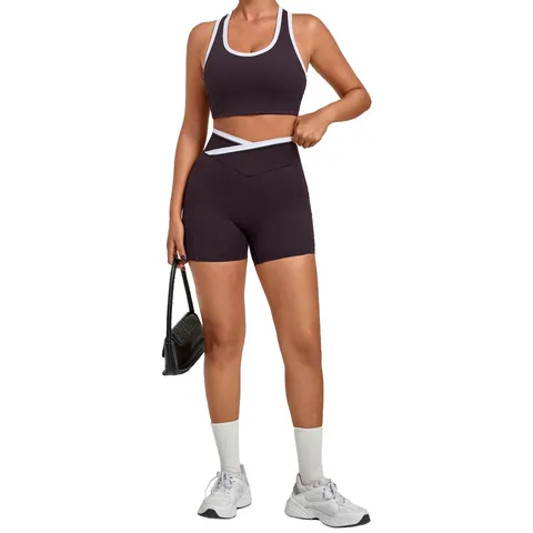 Damen Colorblock Yoga Top And Bottom Set Kontrast Trim Racerback Sport BH Überkreuzte Taille Shorts Gym Fitness Outfit