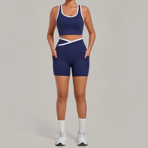 Damen Colorblock Yoga Top And Bottom Set Kontrast Trim Racerback Sport BH Überkreuzte Taille Shorts Gym Fitness Outfit