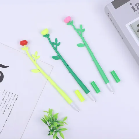 Creative Rose Flower Gel Pen Black Ink Cute Student Writing Stationery Office Signature Pen Plastic Floral Pen Gift