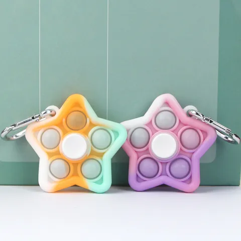 Multi Color Silicone Fidget Spinner Push Pop Bubble Sensory Toy Star Shaped Stress Relief Toy With Metal Keychain