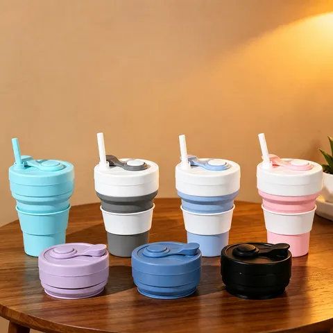Portable Foldable Silicone Coffee Cup With Straw Leakproof Travel Water Mug Outdoor Telescopic Drinking Cup For Daily Use