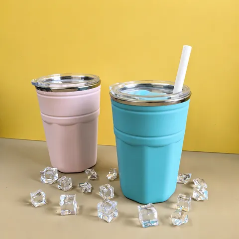 Gobelet à Glace en Acier Inoxydable Double Paroi Tasse à Bière Refroidissement Rapide Avec Couvercle et Paille Bouteille Isotherme