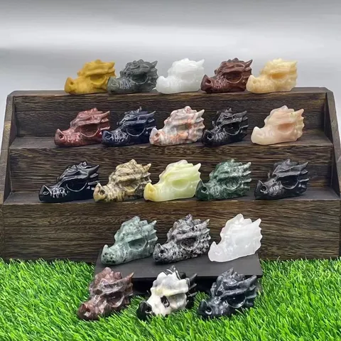 Natural Gemstone Dragon Head Sculpture Crystal Mineral Hand Carved Skull Totem Desktop Office Ornament Figurine Home Decor Display